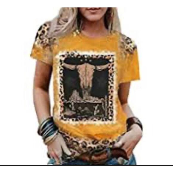 None Tops - Yellow Western Cattle Skull Short Sleeve Graphic Animal Leopard Cheetah Large